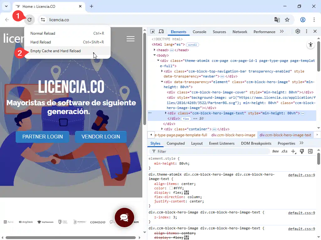 Ahora usa click derecho en el botón de “recargar” y Elige la opción “Vaciar caché y recargar.
